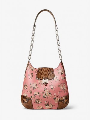 Bolsa De Hombro Michael Kors Bancroft Oversized Floral Calf Cuero And Python Mujer Rosas Marrones | 042915-KAH