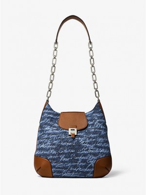 Bolsa De Hombro Michael Kors Bancroft Oversized Signature Print Denim Mujer Azules | 902741-CAJ