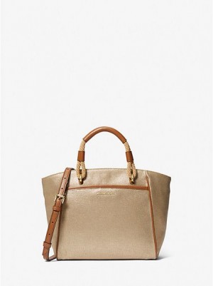 Bolso Tote Michael Kors Talia Small Metallic Algodon Lona Mujer Doradas | 057268-DQV