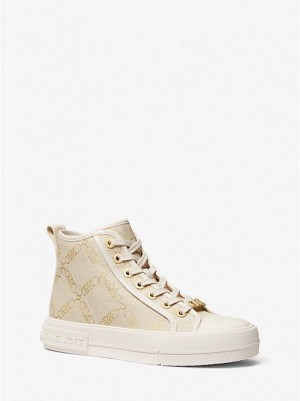 High Top Sneakers Michael Kors Evy Metallic Empire Logo Jacquard Mujer Doradas Beige | 308479-EVD