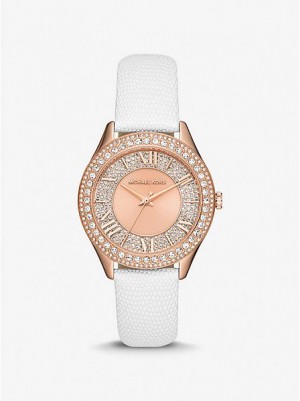 Relojes Michael Kors Harlowe Pave And Lizard Embossed Cuero Correa Mujer Rosas Doradas | 239186-BFH