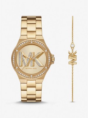 Relojes Michael Kors Lennox Pave Logo Mujer Doradas | 471853-DTK