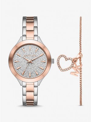 Relojes Michael Kors Pave And Heart Bracelet Set Mujer Plateadas Rosas | 821759-WYH