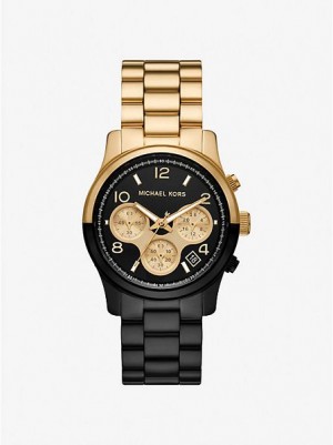 Relojes Michael Kors Runway Mujer Negras Doradas | 897036-FDX