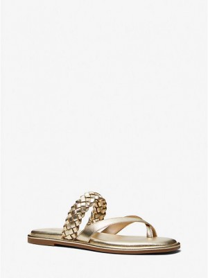 Sandalias Michael Kors Alba Braided Metallic Faux Cuero Chanclas Mujer Doradas | 519270-ESN