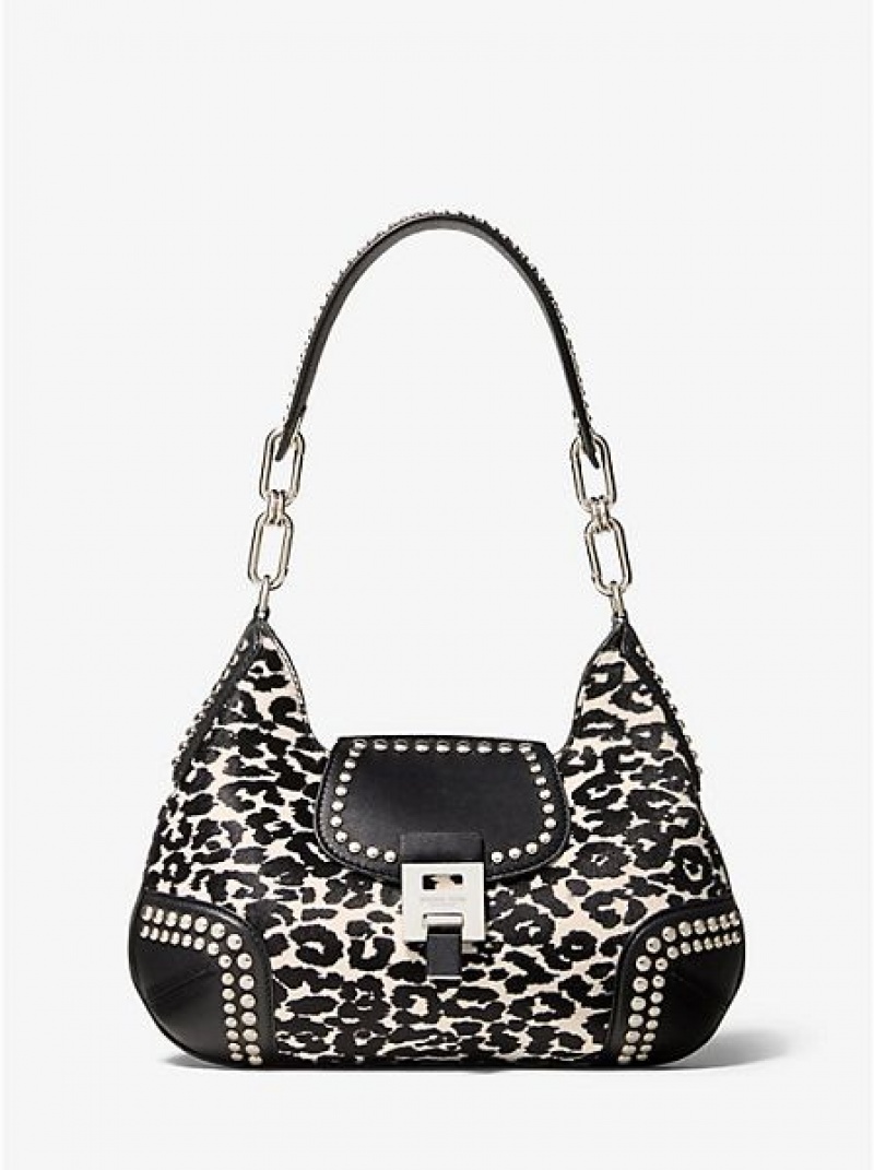 Bolsa De Hombro Michael Kors Bancroft Medium Leopard Calf Hair And Studded Cuero Mujer Blancas | 901634-ZEJ