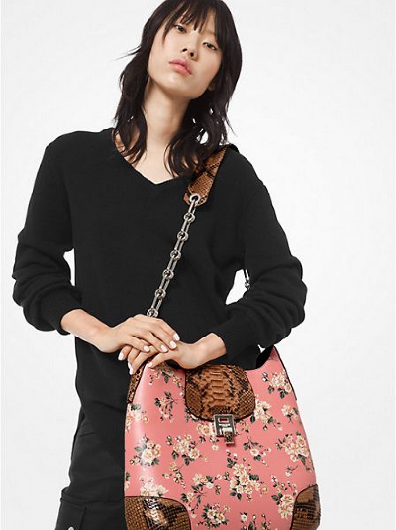 Bolsa De Hombro Michael Kors Bancroft Oversized Floral Calf Cuero And Python Mujer Rosas Marrones | 042915-KAH