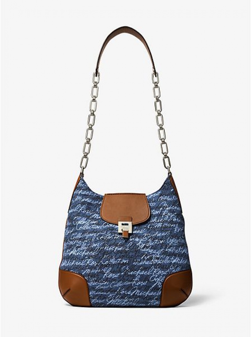 Bolsa De Hombro Michael Kors Bancroft Oversized Signature Print Denim Mujer Azules | 902741-CAJ