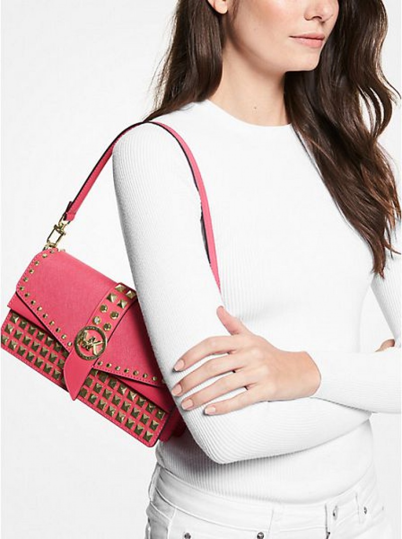 Bolsa De Hombro Michael Kors Greenwich Medium Studded Saffiano Cuero Mujer Rojas | 107369-OIQ