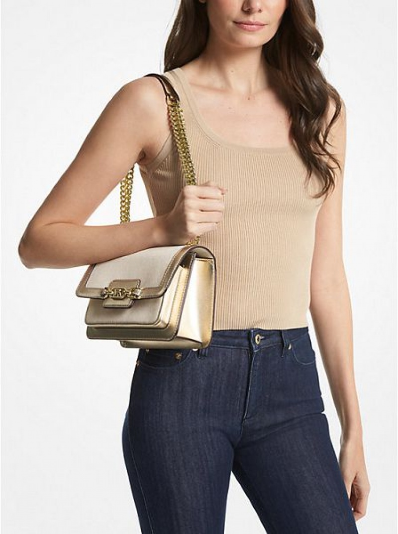 Bolsa De Hombro Michael Kors Heather Large Lona And Metallic Faux Cuero Mujer Doradas Beige | 216948-MGH