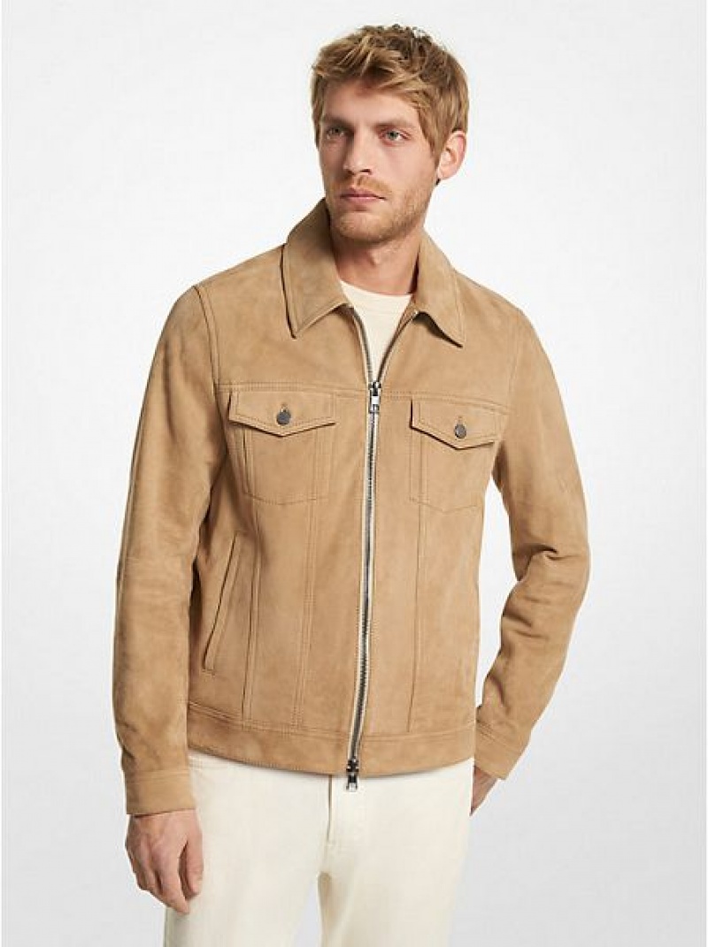 Chaquetas Michael Kors Gamuza Zip-up Trucker Hombre Kaki | 157039-TKQ