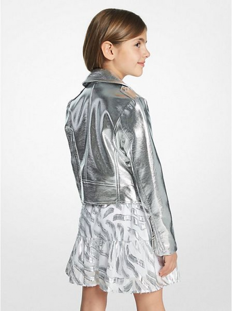 Chaquetas Michael Kors Metallic Faux Cuero Moto Niños Gris | 624780-IJE