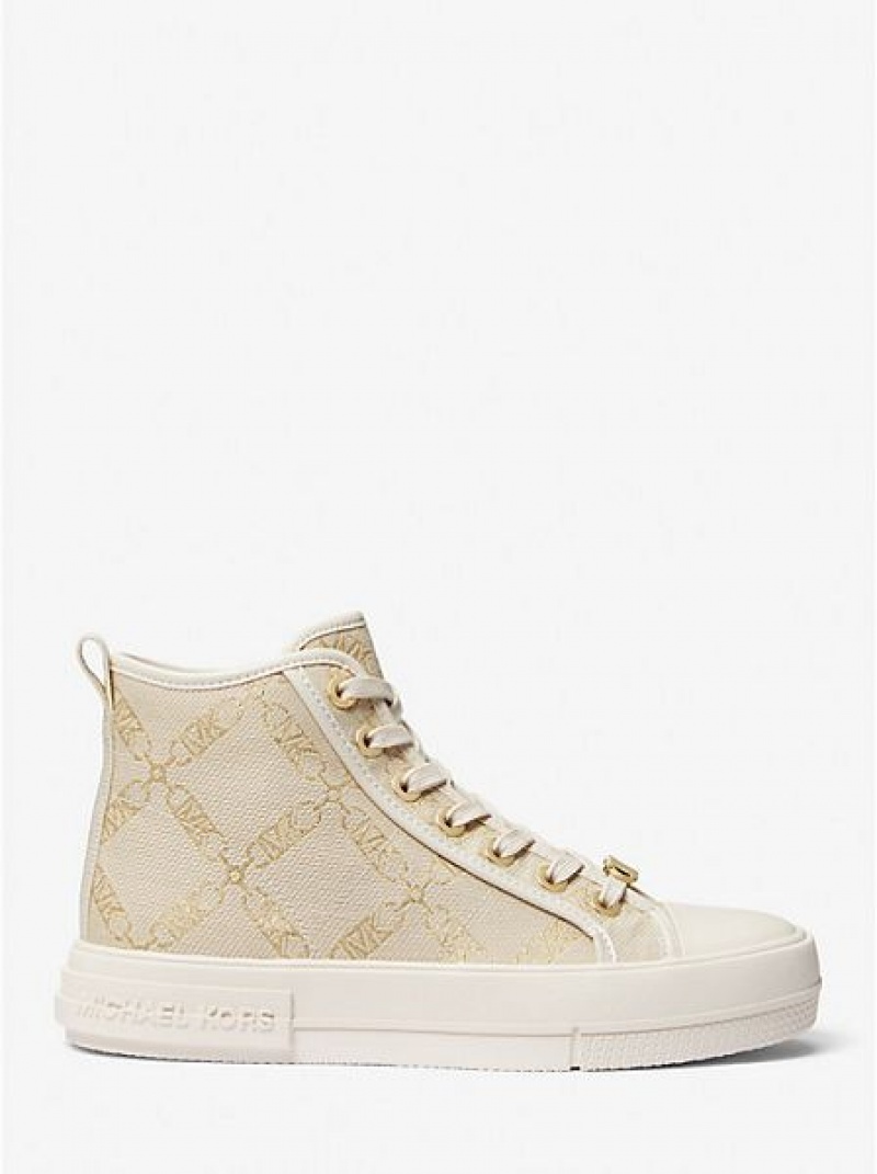 High Top Sneakers Michael Kors Evy Metallic Empire Logo Jacquard Mujer Doradas Beige | 308479-EVD