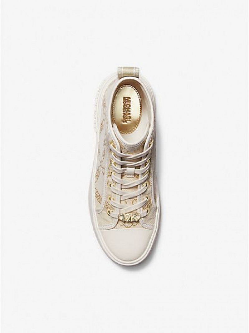 High Top Sneakers Michael Kors Evy Metallic Empire Logo Jacquard Mujer Doradas Beige | 308479-EVD