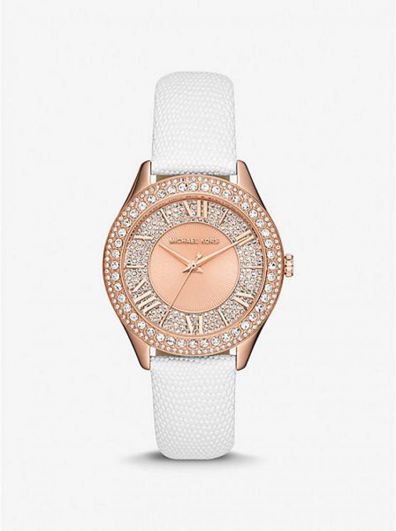 Relojes Michael Kors Harlowe Pave And Lizard Embossed Cuero Correa Mujer Rosas Doradas | 239186-BFH