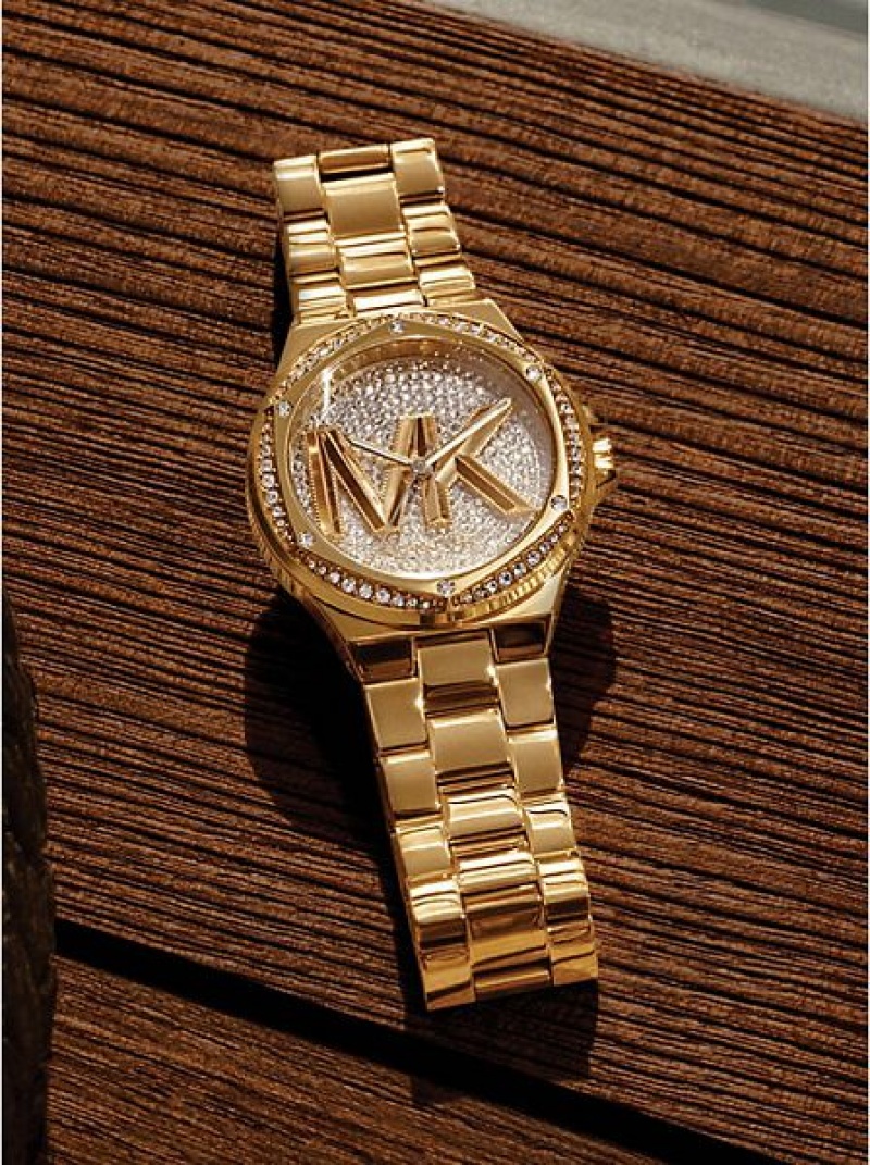 Relojes Michael Kors Lennox Pave Logo Mujer Doradas | 935718-UMT