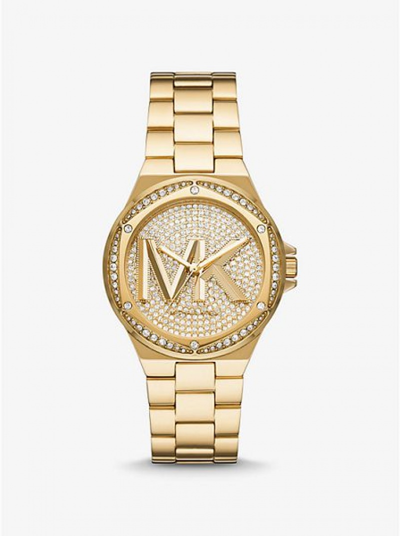 Relojes Michael Kors Lennox Pave Logo Mujer Doradas | 935718-UMT