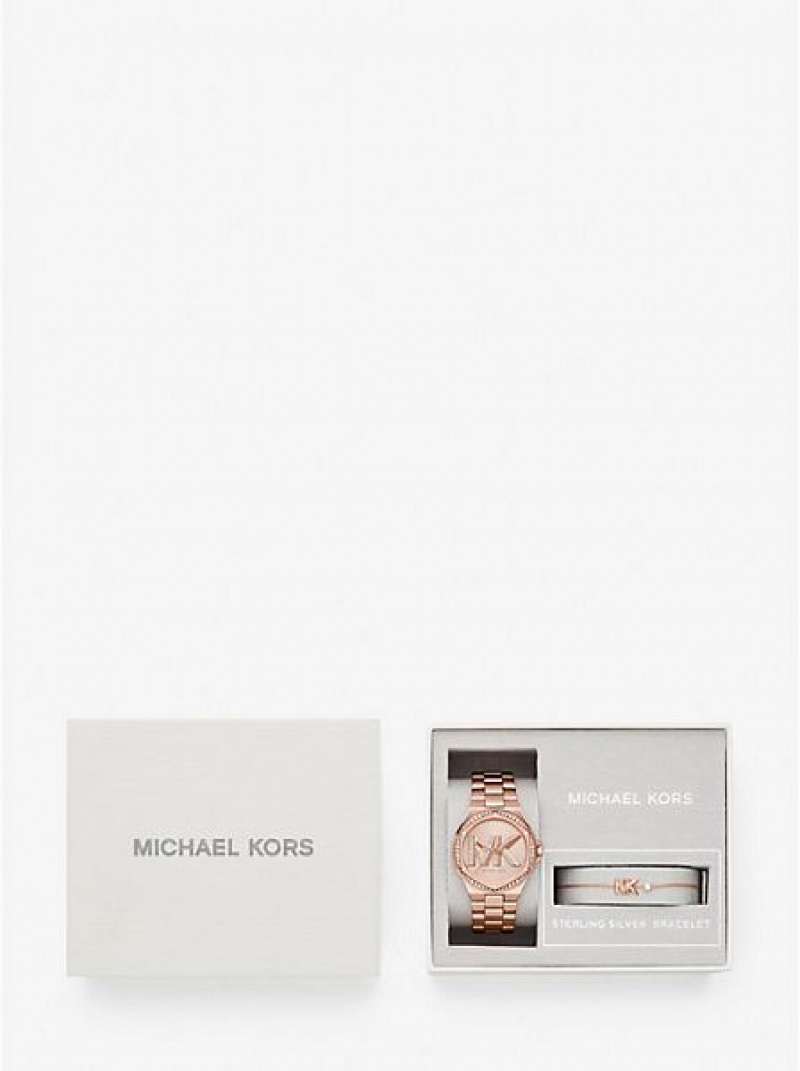 Relojes Michael Kors Lennox Pave Logo Mujer Rosas Doradas | 296458-HIC