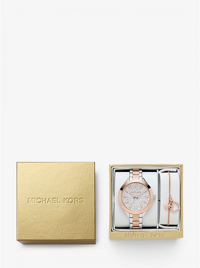 Relojes Michael Kors Pave And Heart Bracelet Set Mujer Plateadas Rosas | 821759-WYH