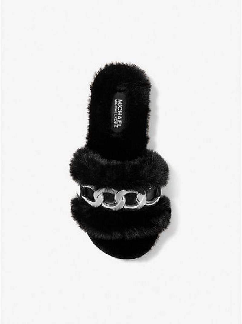 Sandalias Deslizantes Michael Kors Scarlett Chain Link Faux Fur Mujer Negras | 251306-COL