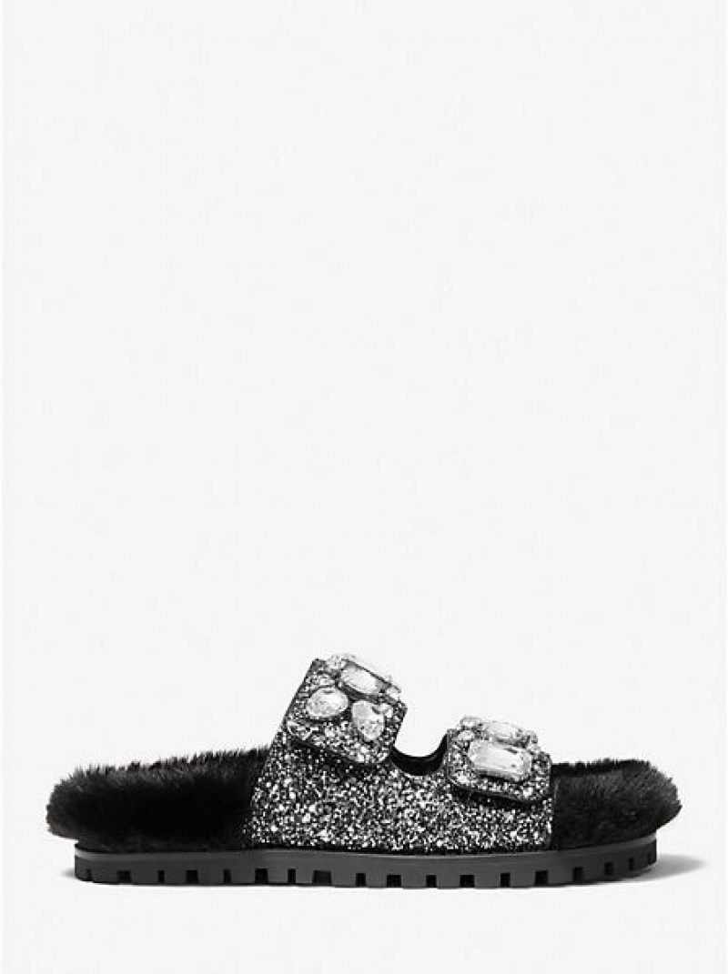 Sandalias Deslizantes Michael Kors Stark Embellished Glitter And Faux Fur Mujer Negras Plateadas | 836720-OIB