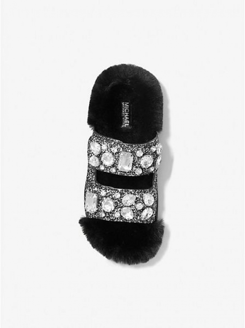 Sandalias Deslizantes Michael Kors Stark Embellished Glitter And Faux Fur Mujer Negras Plateadas | 836720-OIB