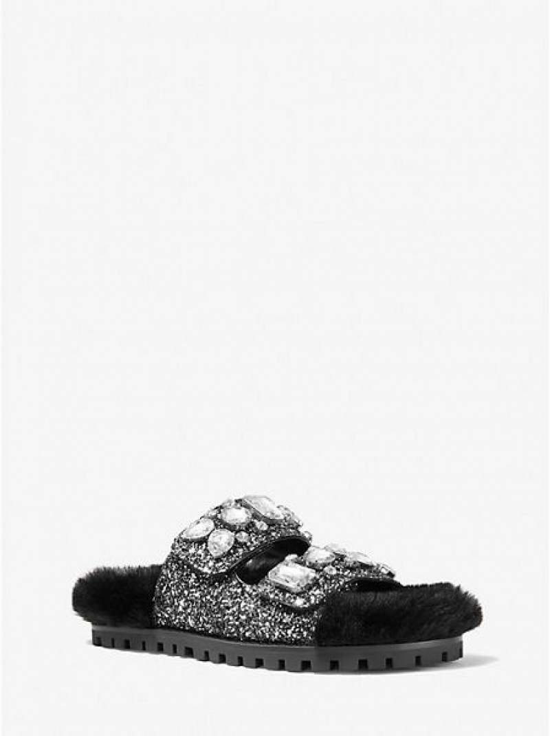 Sandalias Deslizantes Michael Kors Stark Embellished Glitter And Faux Fur Mujer Negras Plateadas | 836720-OIB