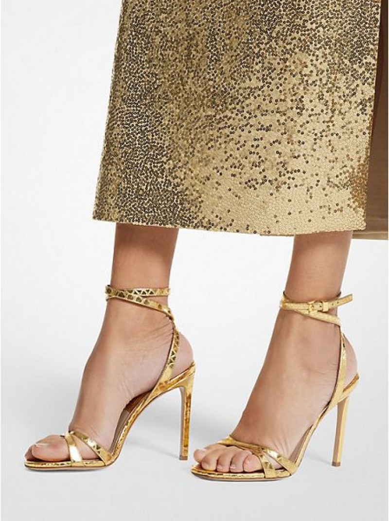 Sandalias Michael Kors Chrissy Metallic Python Embossed Cuero Mujer Doradas | 830619-PBN