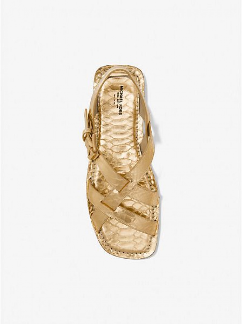 Sandalias Michael Kors Perrine Metallic Python Embossed Cuero Mujer Doradas Marrones | 580613-LOT