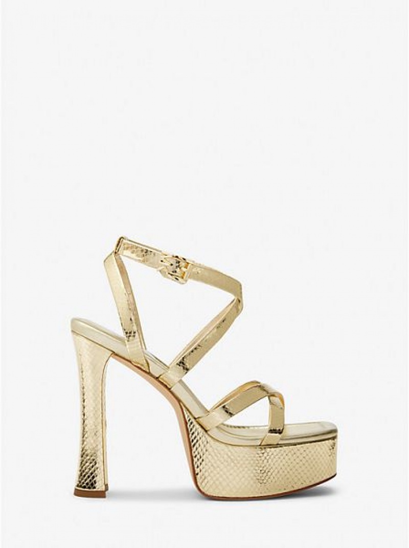 Sandalias Plataforma Michael Kors Paola Metallic Snake Embossed Cuero Mujer Doradas | 078613-VYJ