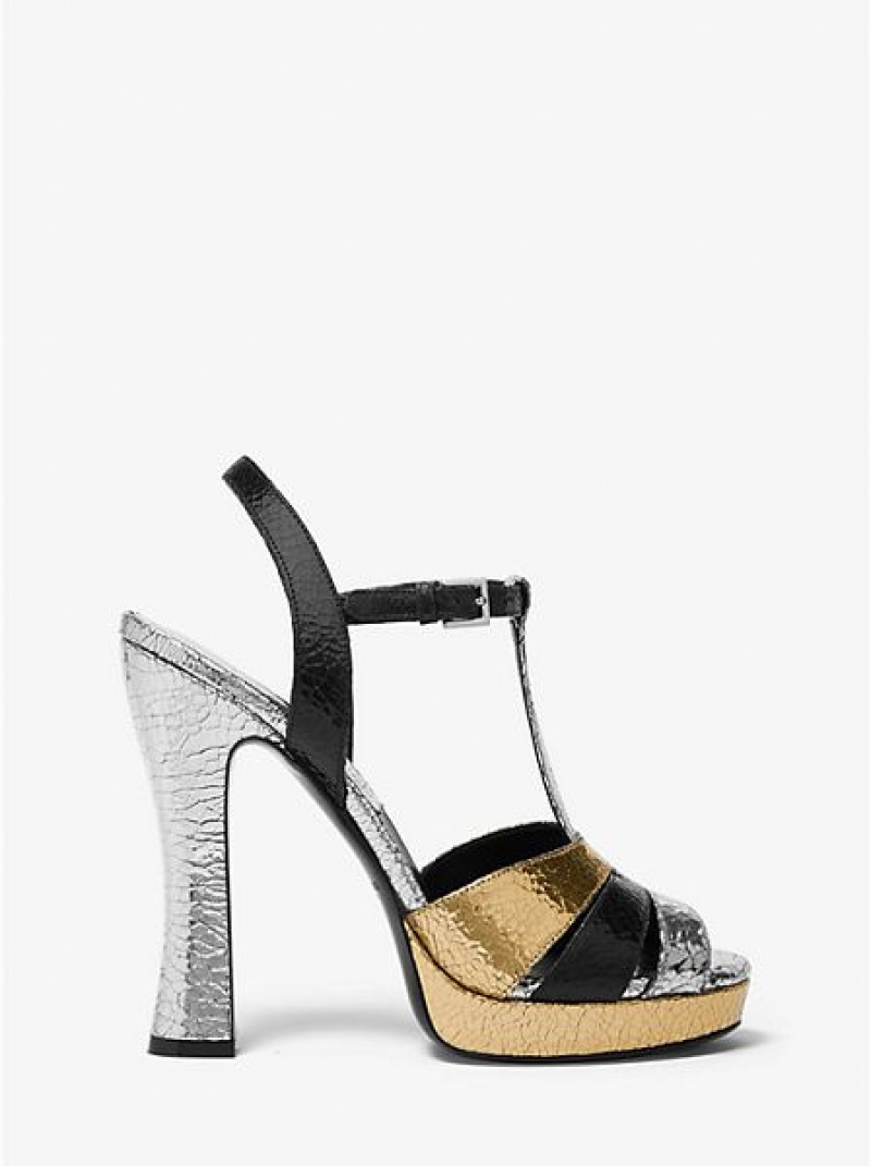 Sandalias Plataforma Michael Kors Rosanna Tri-color Crackled Calf Cuero Mujer Metal | 283057-ZOS