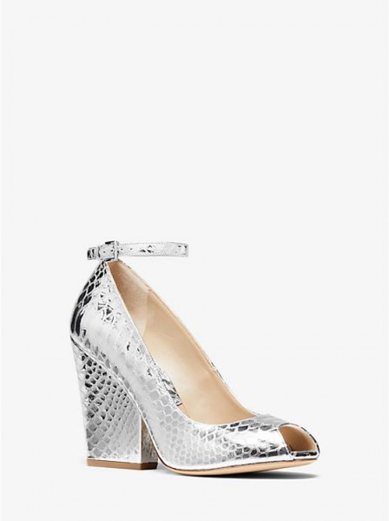 Tacones Michael Kors Julianne Metallic Python-embossed Cuero Peep-toe Mujer Plateadas | 508634-SER