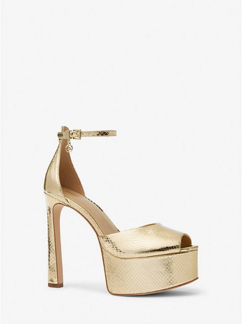 Tacones Michael Kors Martina Metallic Snake Embossed Cuero Peep-toe Plataforma Mujer Doradas | 502798-NMI