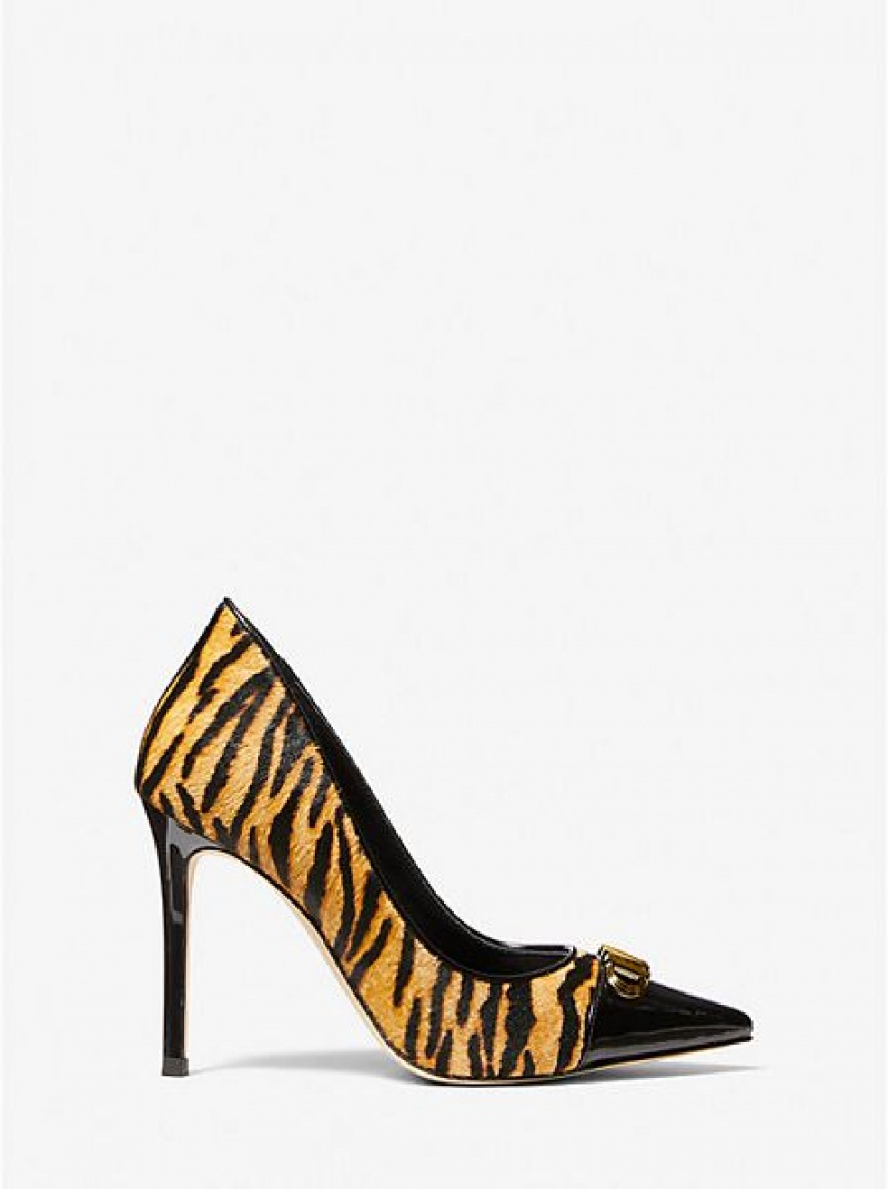 Tacones Michael Kors Parker Tiger Print Calf Hair And Cuero Mujer Amarillo Negras | 780913-KJF