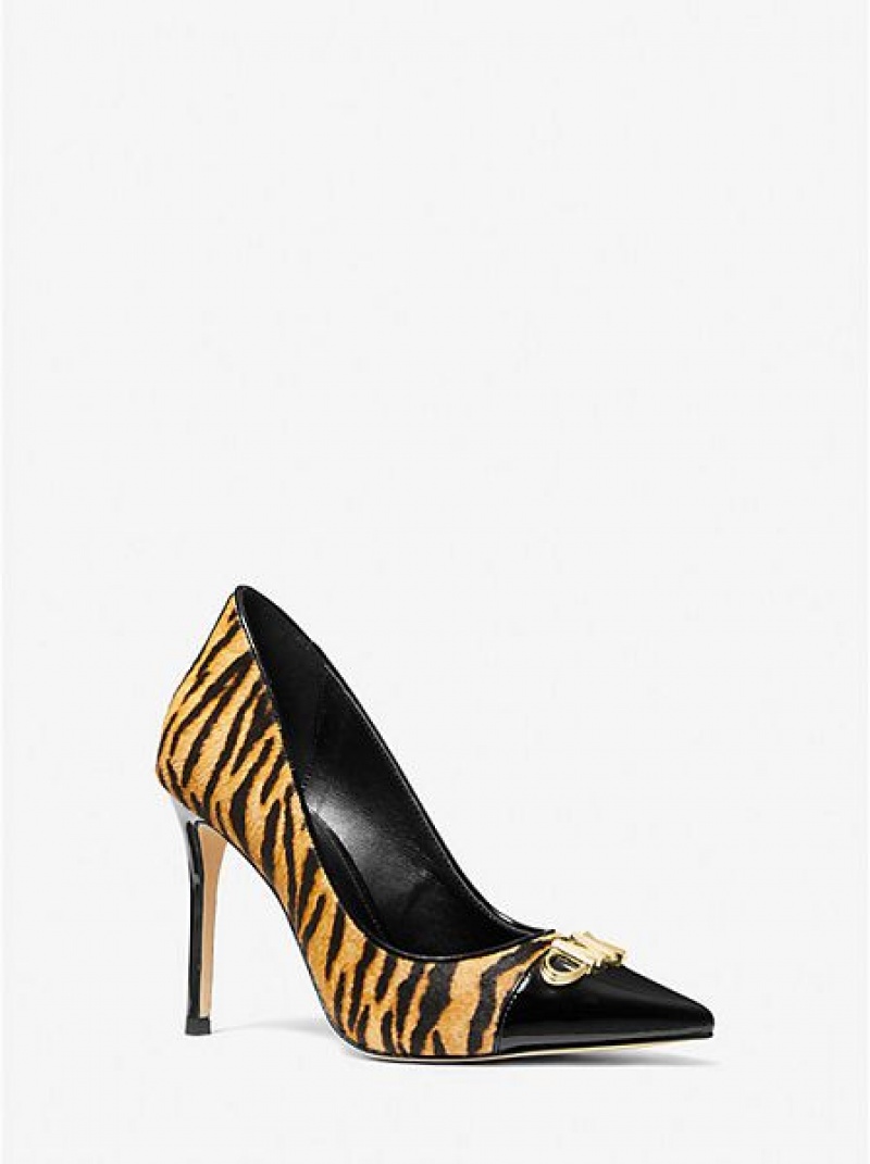 Tacones Michael Kors Parker Tiger Print Calf Hair And Cuero Mujer Amarillo Negras | 780913-KJF